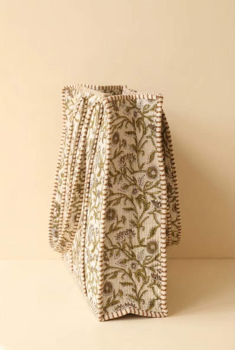Jaipur Green Floral Quilted Cotton Tote Bag
