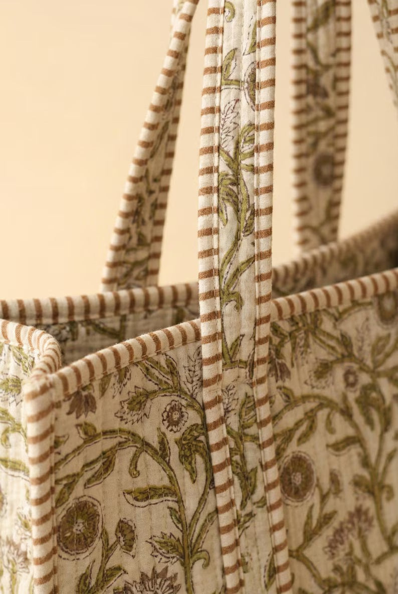 Jaipur Green Floral Quilted Cotton Tote Bag