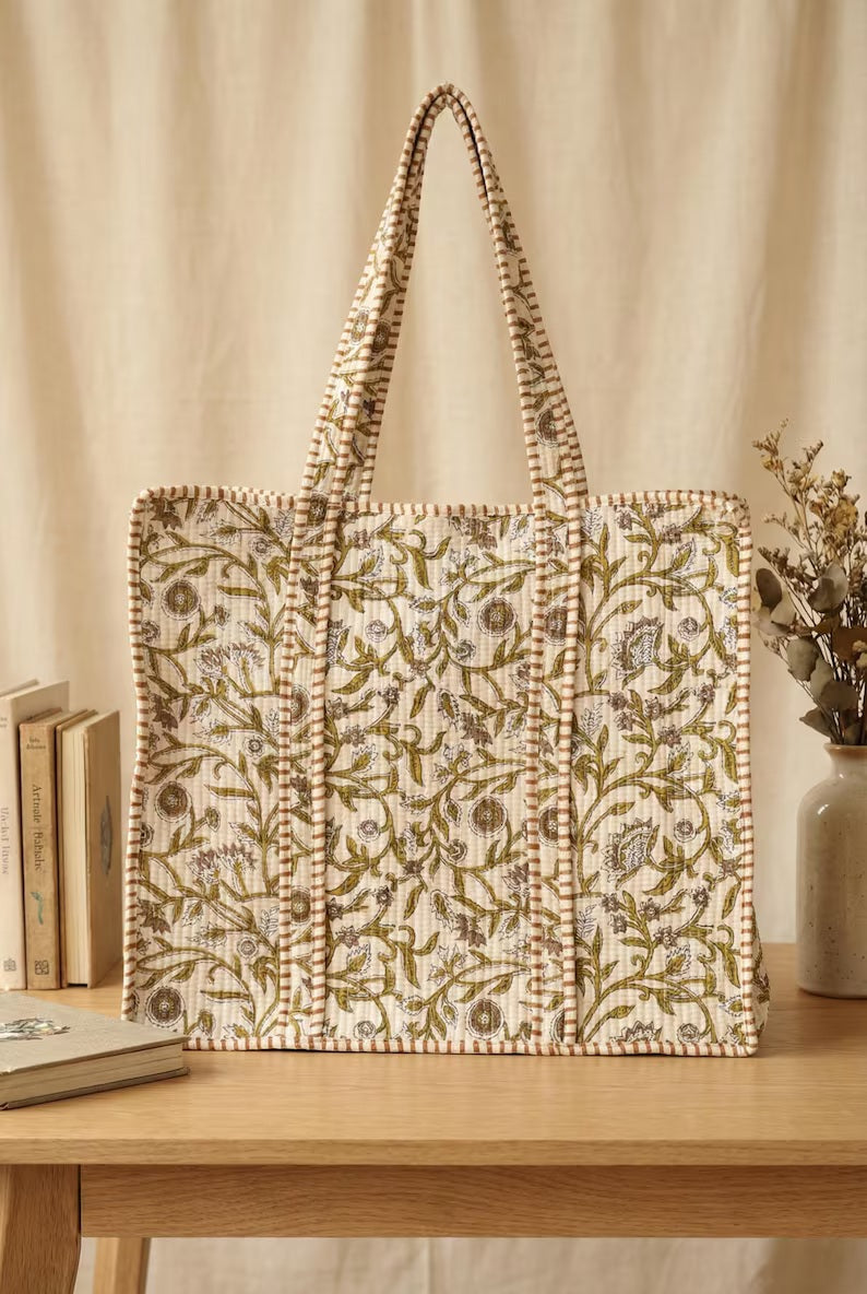 Jaipur Green Floral Quilted Cotton Tote Bag