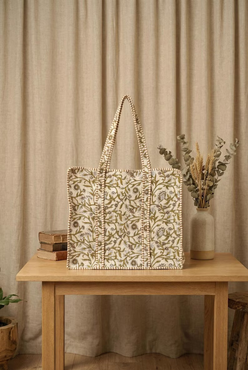 Jaipur Green Floral Quilted Cotton Tote Bag