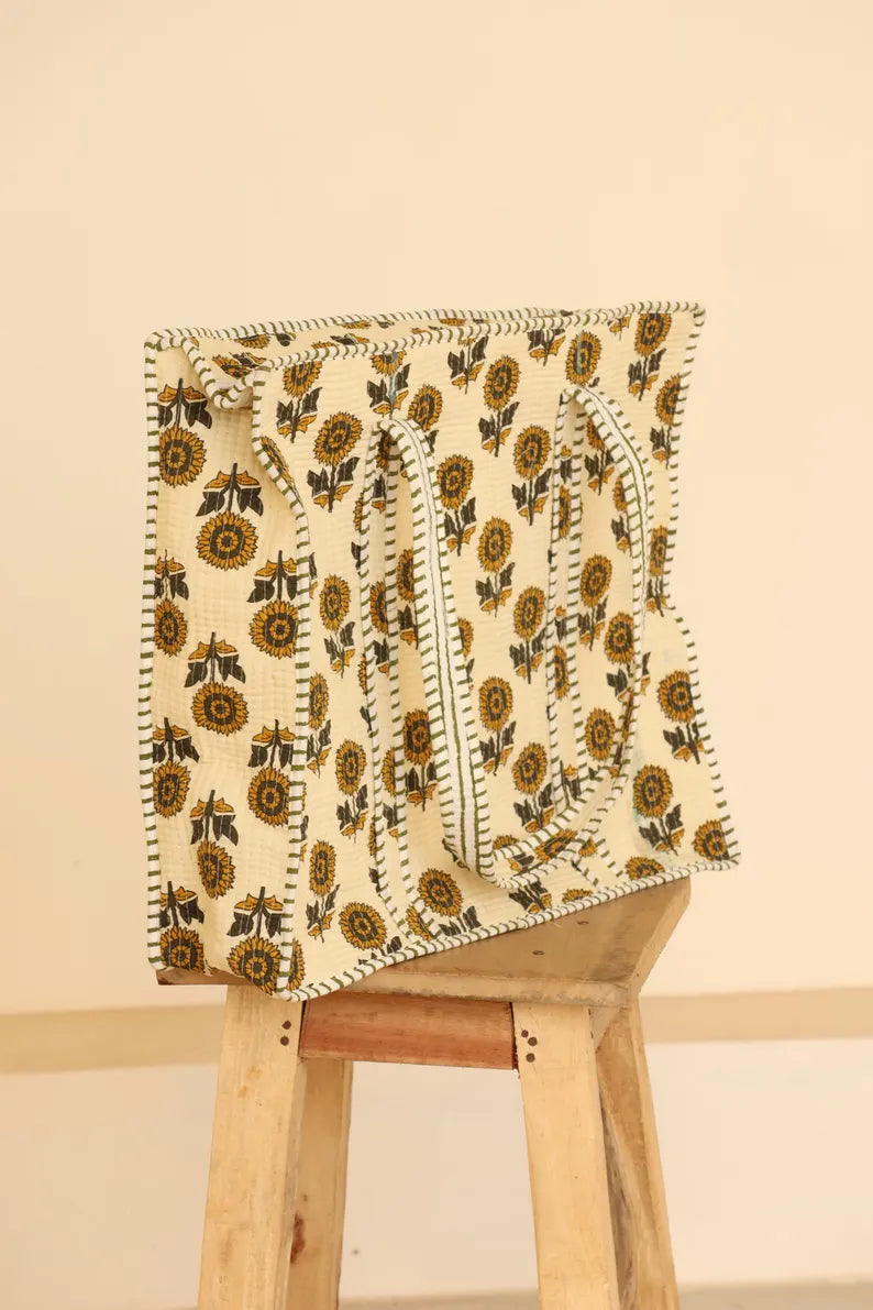 Sunflower Floral Quilted Cotton Tote Bag