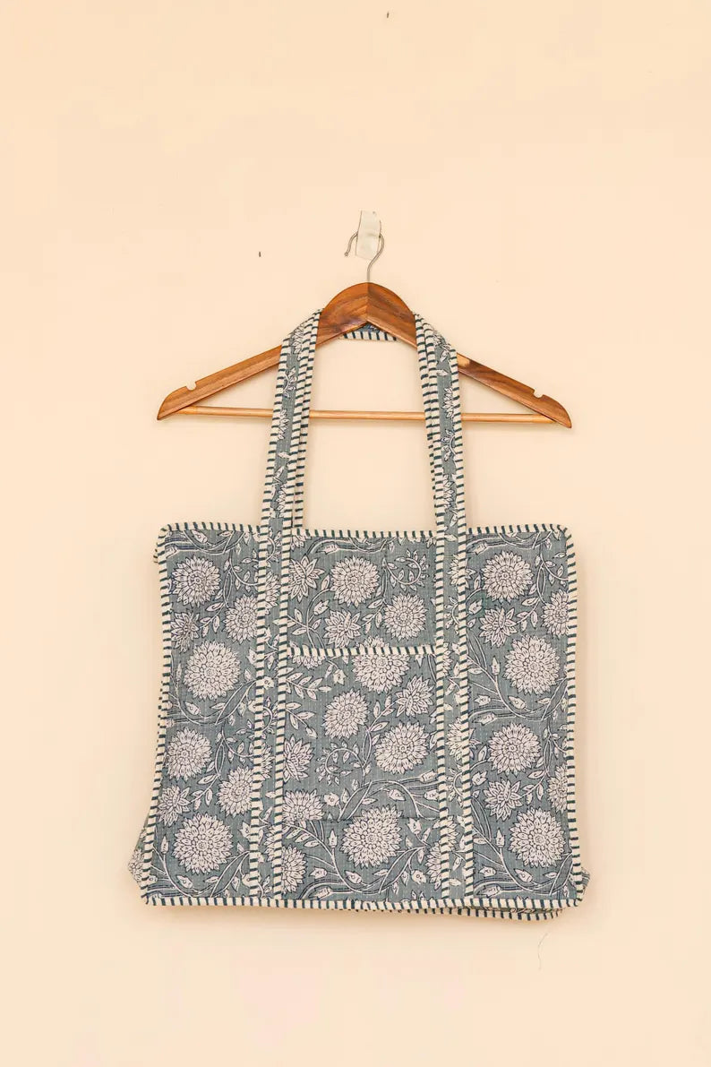 Handcrafted Blue Quilted Cotton Tote Bag