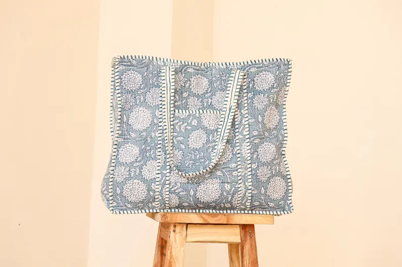 Handcrafted Blue Quilted Cotton Tote Bag