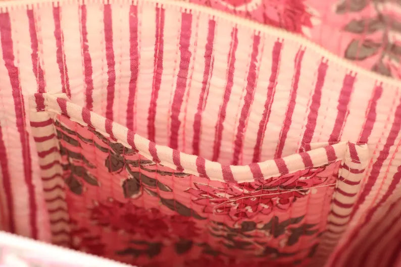 Handcrafted Pink Floral Quilted Cotton Tote Bag