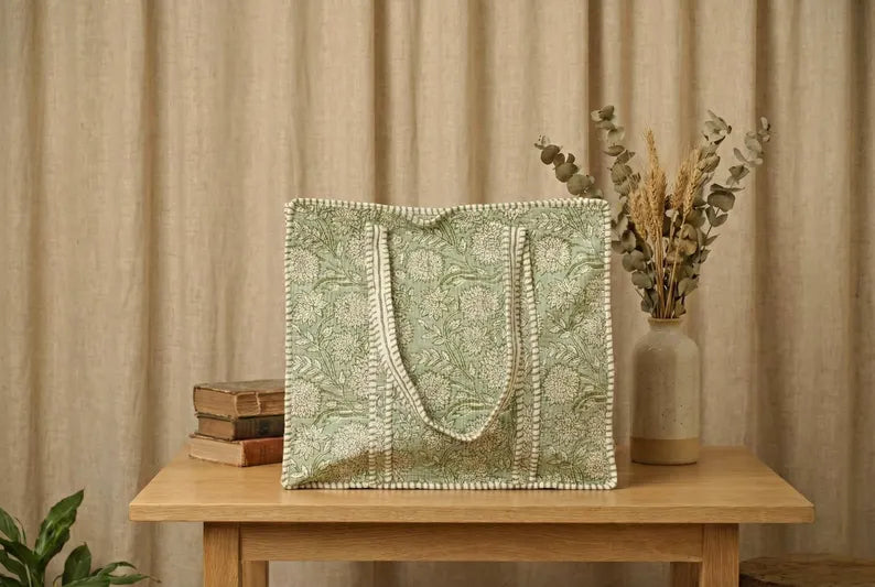 Handcrafted Sage Green Quilted Cotton Tote Bag