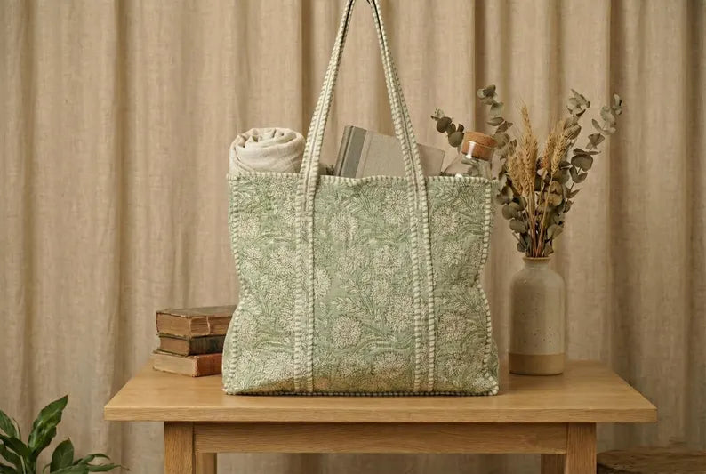 Handcrafted Sage Green Quilted Cotton Tote Bag