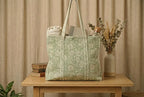 Handcrafted Sage Green Quilted Cotton Tote Bag