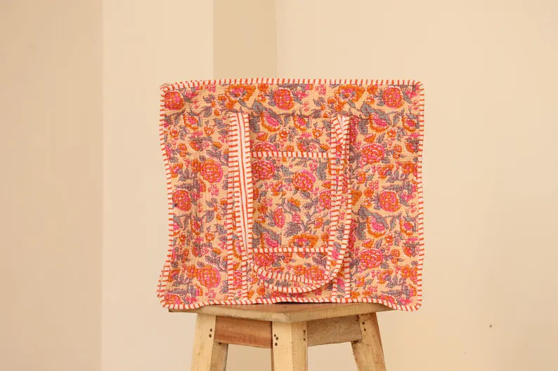 Boho Pink & Orange Quilted Cotton Tote Bag