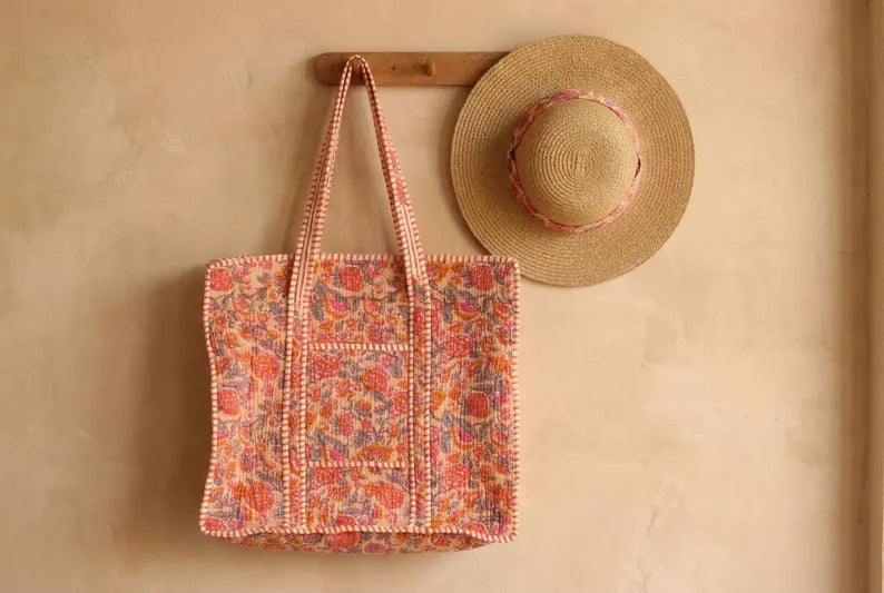 Boho Pink & Orange Quilted Cotton Tote Bag