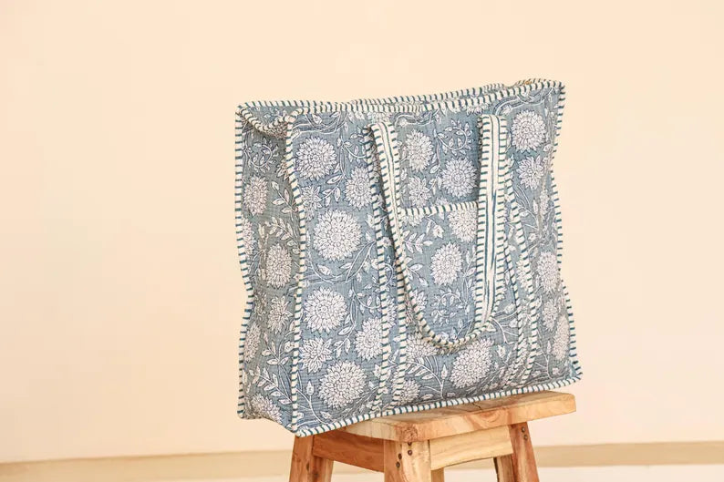 Handcrafted Blue Quilted Cotton Tote Bag