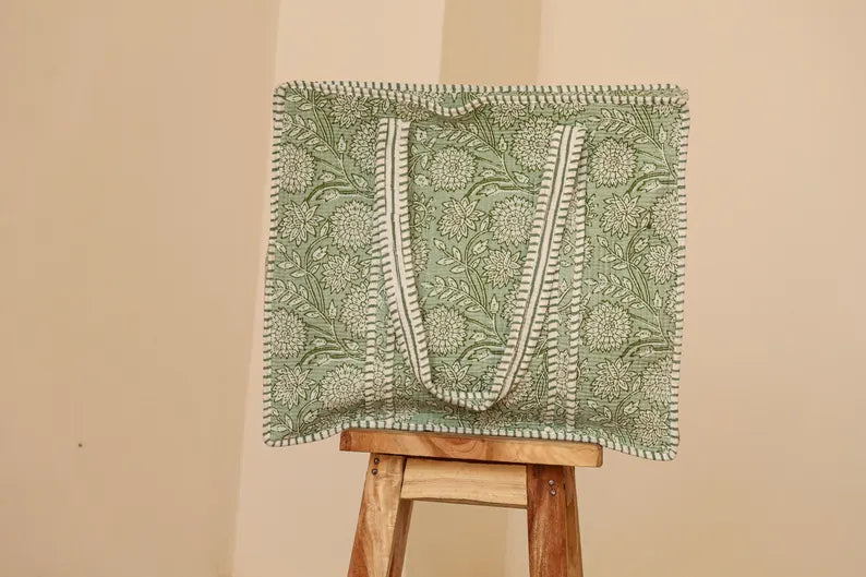 Sage Green Floral Quilted Cotton Tote Bag