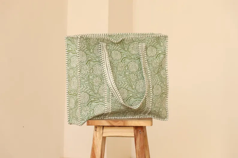 Sage Green Floral Quilted Cotton Tote Bag