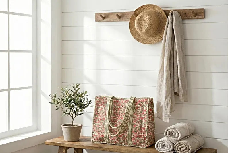 Handcrafted Pink & Green Quilted Cotton Tote Bag