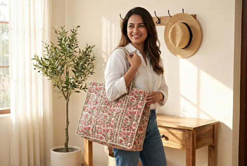 Handcrafted Pink & Green Quilted Cotton Tote Bag