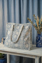 Handcrafted Blue Floral Quilted Cotton Tote Bag