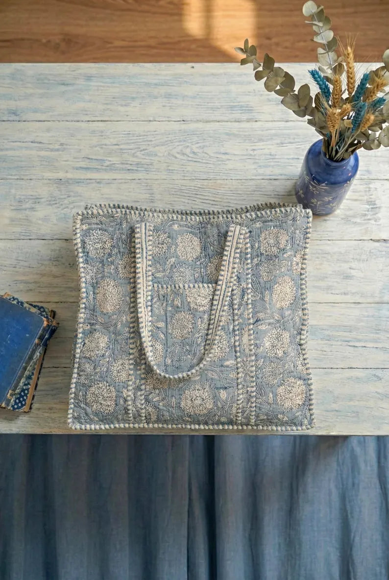 Handcrafted Blue Floral Quilted Cotton Tote Bag