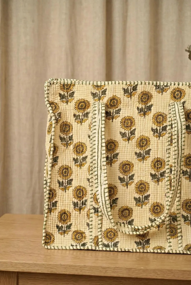 Sunflower Floral Quilted Cotton Tote Bag