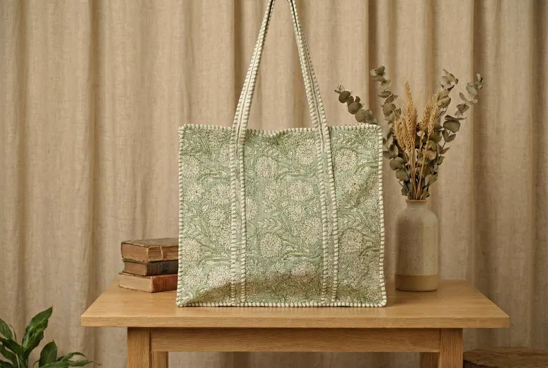 Handcrafted Sage Green Quilted Cotton Tote Bag