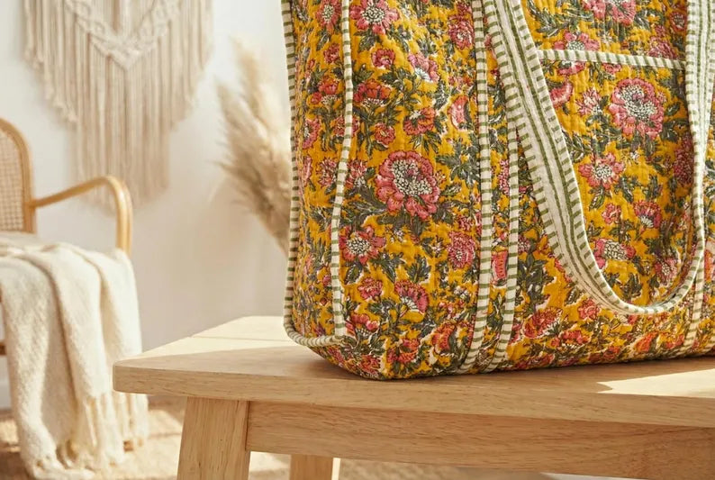 Mustard Floral Quilted Cotton Tote Bag